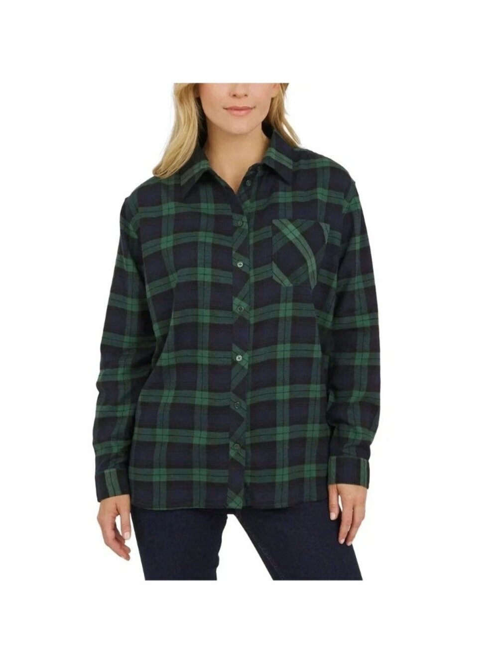 Lands' End Women's M Green & Navy Plaid Button-Up Flannel Shirt Cotton B0472 - Picture 1 of 10
